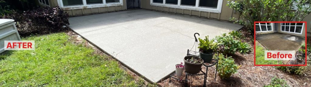 This image showcases a before-and-after comparison of a backyard patio cleaning. The "After" photo shows a clean, bright surface, while the "Before" inset shows dirt and stains.