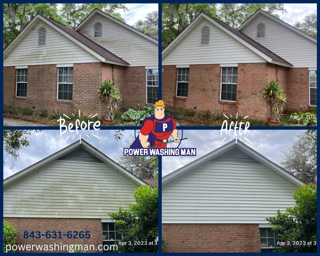 Before and after photos of a house's siding, with the "after" showing a cleaner exterior post power-washing. Marketing for "POWER WASHING MAN" service.
