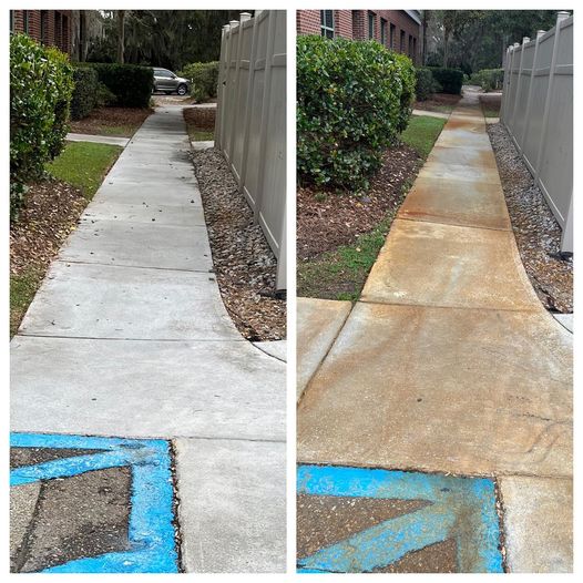 The image shows a before-and-after comparison of a pressure-washed sidewalk. The left pathway is dirty; the right is clean. There's a visible difference in color.